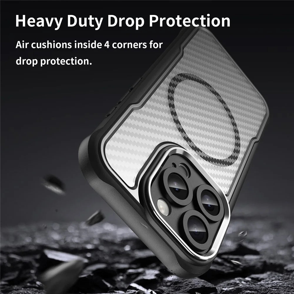 For iPhone 16 Pro Magnetic Case Carbon Fiber Texture Translucent TPU+PC Phone Cover - Black - 7