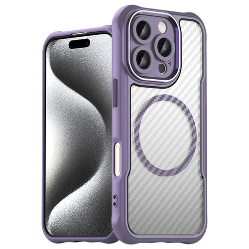 For iPhone 16 Pro Max Magnetic Case Carbon Fiber Texture TPU+PC Phone Cover - Purple - 1