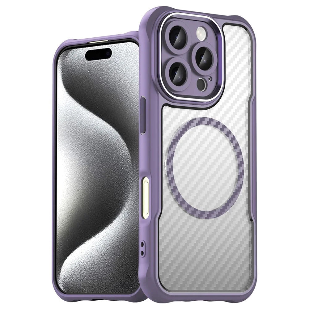 For iPhone 16 Pro Max Magnetic Case Carbon Fiber Texture TPU+PC Phone Cover - Purple - 1