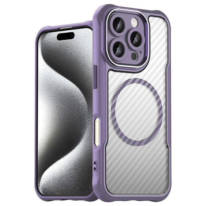 For iPhone 16 Pro Max Magnetic Case Carbon Fiber Texture TPU+PC Phone Cover - Purple - 1