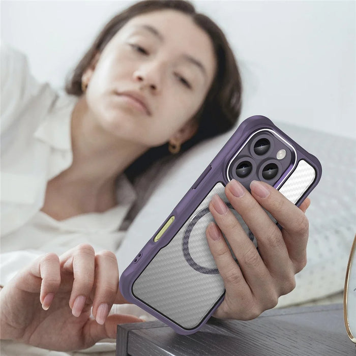 For iPhone 16 Pro Max Magnetic Case Carbon Fiber Texture TPU+PC Phone Cover - Purple - 5