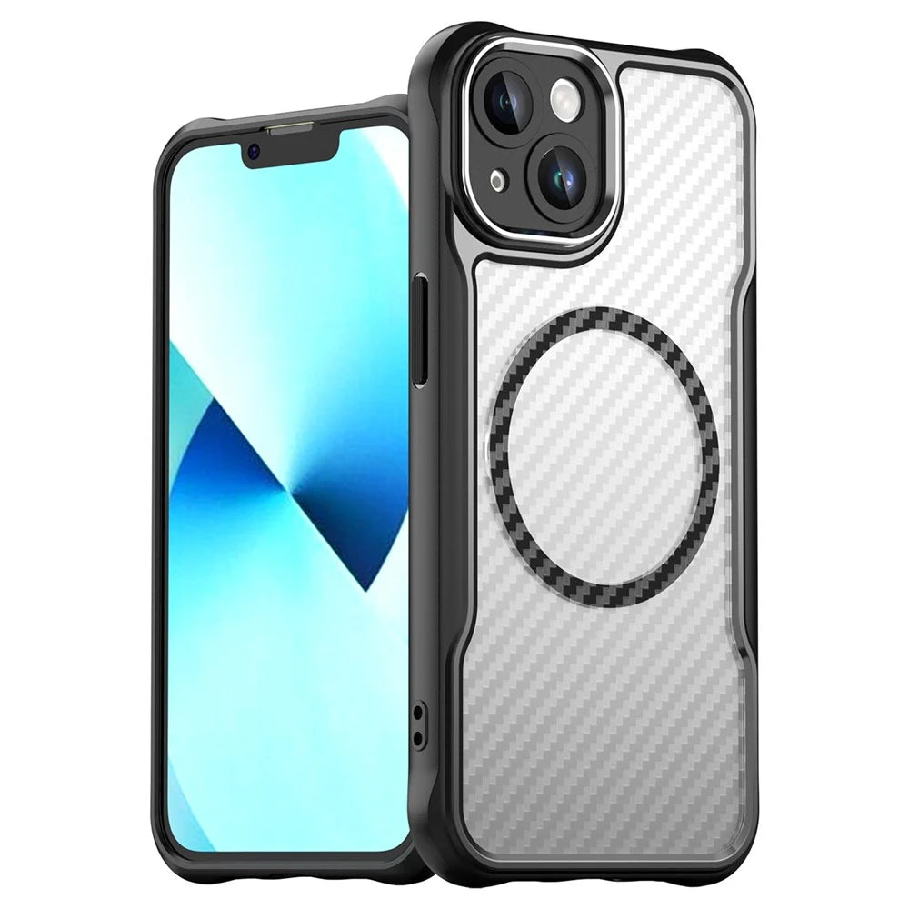 For iPhone 13 Magnetic Case Carbon Fiber Texture TPU+PC Phone Cover Compatible with MagSafe - Black - 1