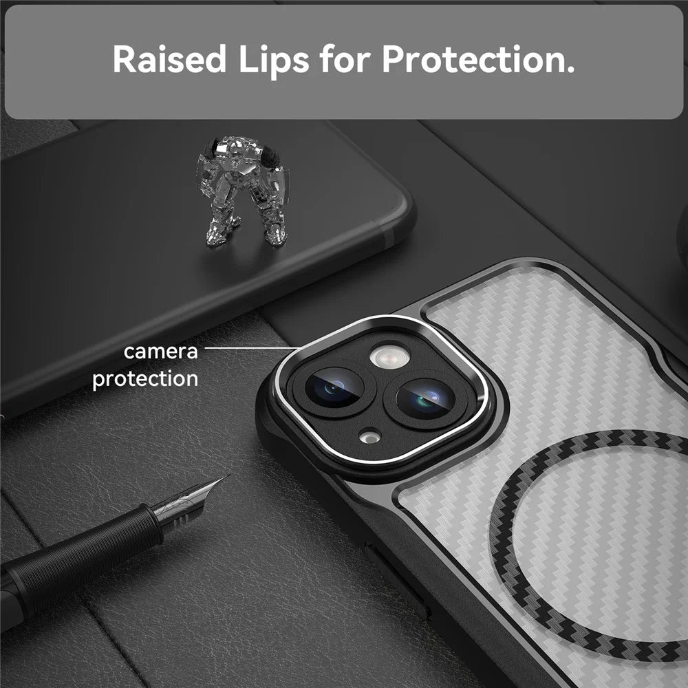 For iPhone 13 Magnetic Case Carbon Fiber Texture TPU+PC Phone Cover Compatible with MagSafe - Black - 4