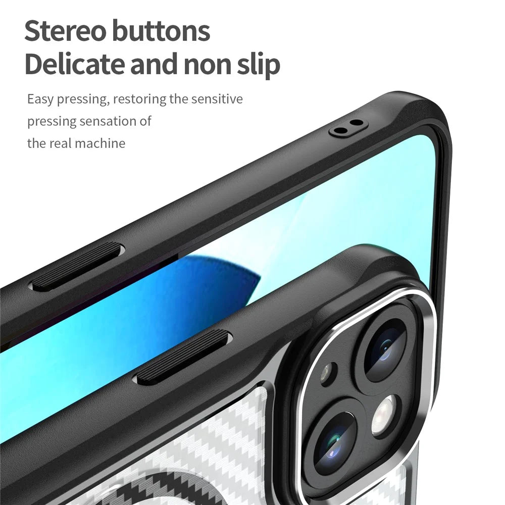 For iPhone 13 Magnetic Case Carbon Fiber Texture TPU+PC Phone Cover Compatible with MagSafe - Black - 5