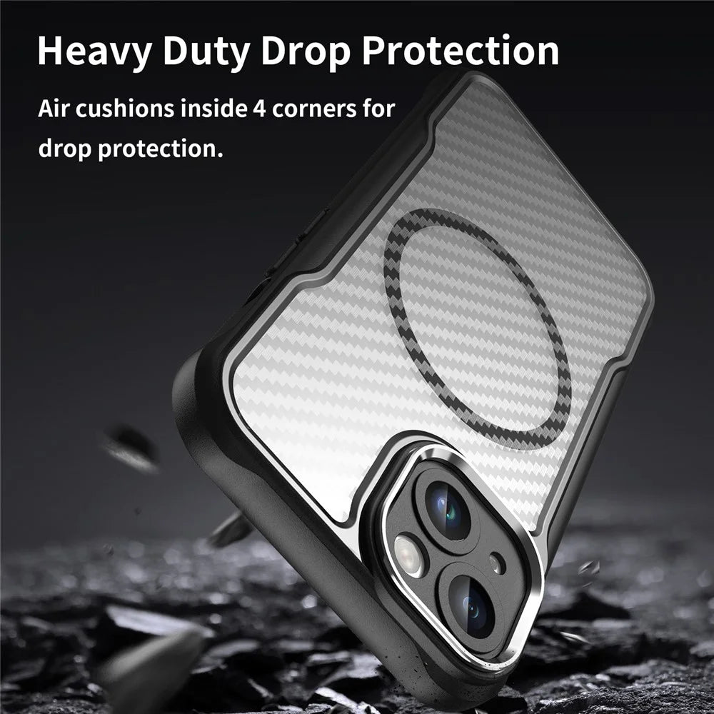 For iPhone 13 Magnetic Case Carbon Fiber Texture TPU+PC Phone Cover Compatible with MagSafe - Black - 6