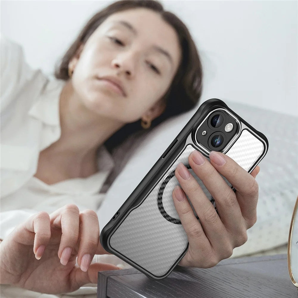 For iPhone 13 Magnetic Case Carbon Fiber Texture TPU+PC Phone Cover Compatible with MagSafe - Black - 7