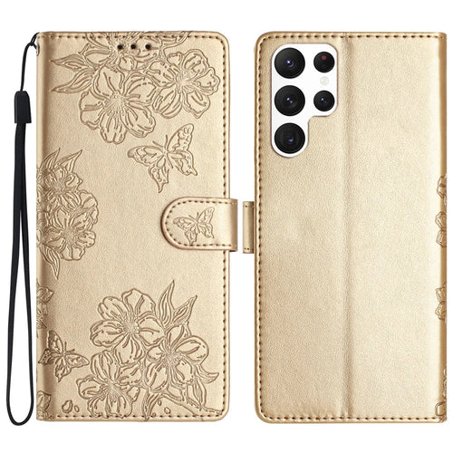 For Samsung Galaxy S22 Ultra 5G Phone Stand Case Imprinted PU Leather Phone Cover - Gold - 1