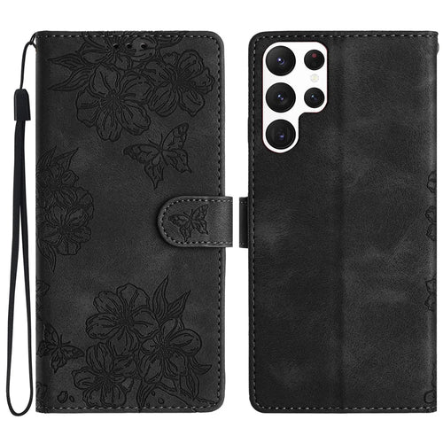 For Samsung Galaxy S22 Ultra 5G Phone Stand Case Imprinted PU Leather Phone Cover - Black - 1