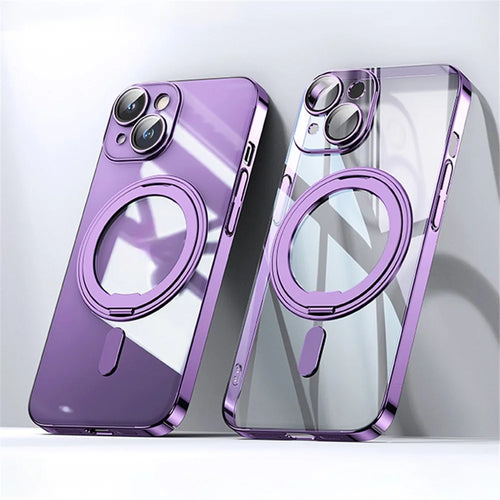 For iPhone 14 Plus Magnetic Case Rotatable Kickstand PC+TPU Phone Cover Built-In Lens Film - Purple - 1
