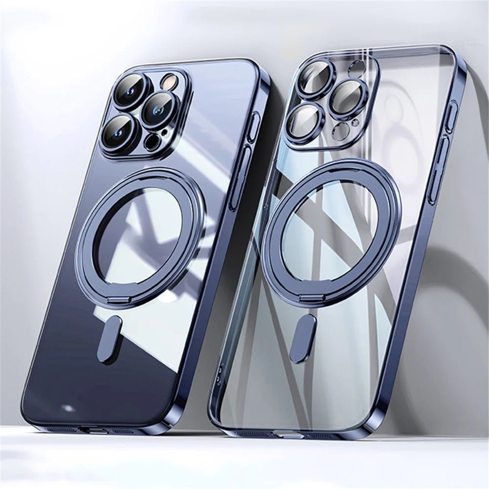For iPhone 13 Pro Magnetic Case Full Camera Protection PC+TPU Phone Cover Invisible Kickstand - Blue - 1