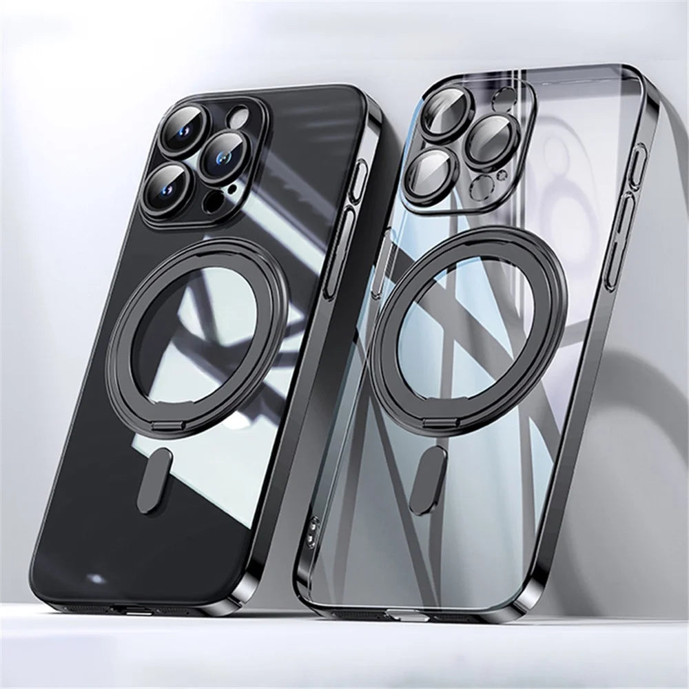 For iPhone 13 Pro Max Magnetic Case Ring Kickstand Lens Film PC+TPU Phone Cover - Black - 1