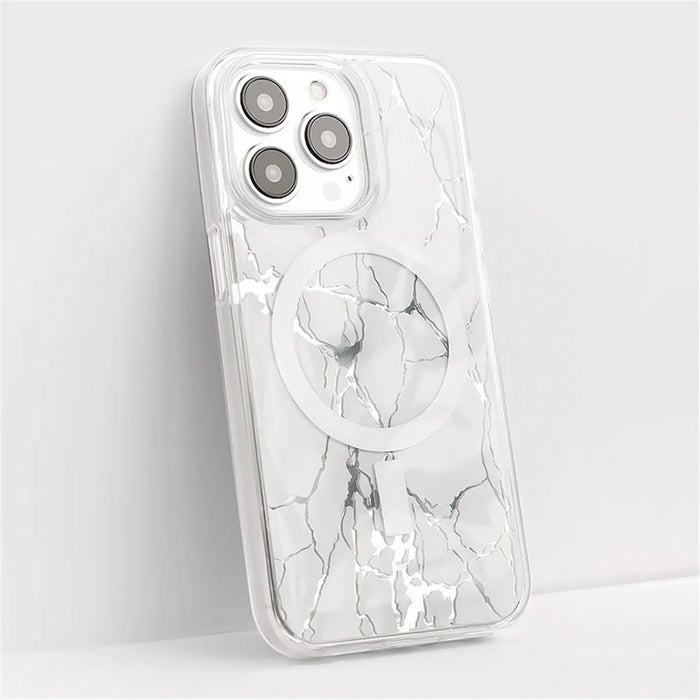 JAUCASE For iPhone 15 Pro Max Crack Pattern PC+TPU Case Mirror Surface Phone Cover Compatible with MagSafe - White - 2