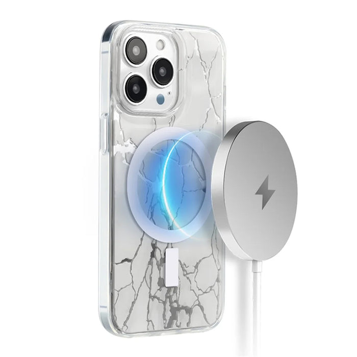 JAUCASE For iPhone 15 Pro Max Crack Pattern PC+TPU Case Mirror Surface Phone Cover Compatible with MagSafe - White - 3