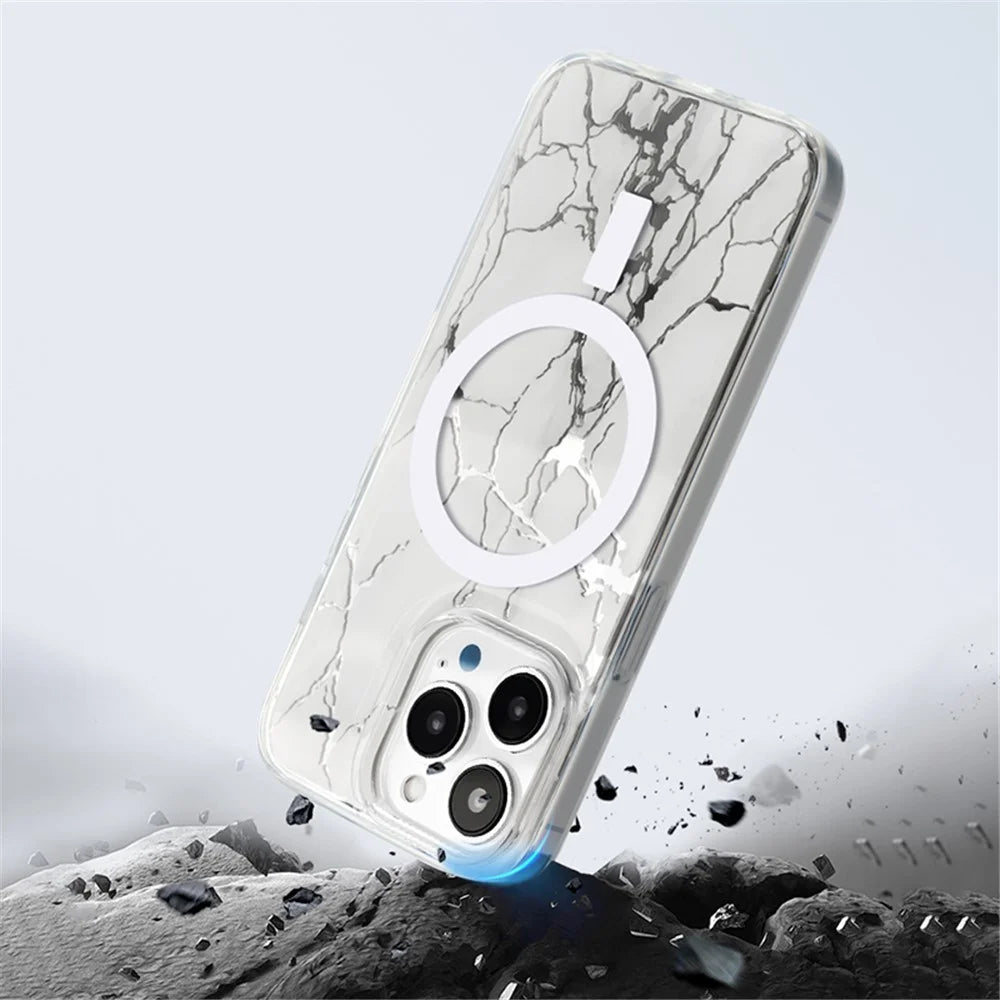 JAUCASE For iPhone 15 Pro Max Crack Pattern PC+TPU Case Mirror Surface Phone Cover Compatible with MagSafe - White - 4