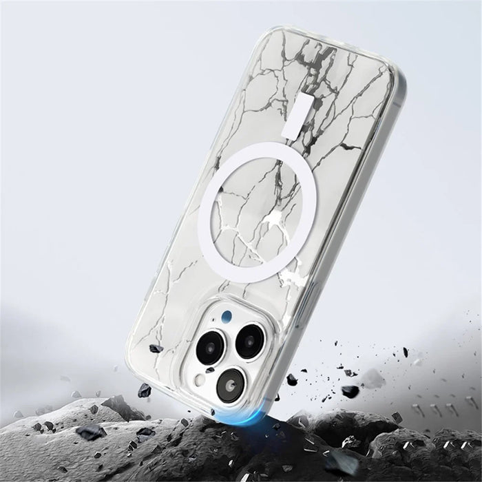JAUCASE For iPhone 15 Pro Max Crack Pattern PC+TPU Case Mirror Surface Phone Cover Compatible with MagSafe - White - 4