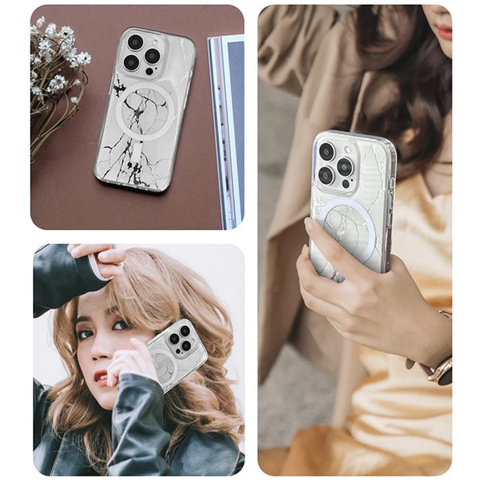 JAUCASE For iPhone 15 Pro Max Crack Pattern PC+TPU Case Mirror Surface Phone Cover Compatible with MagSafe - White - 7