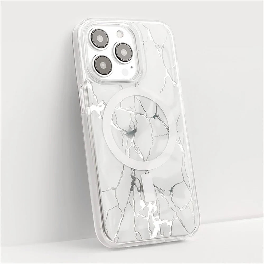 JAUCASE For iPhone 15 Pro Case Mirror Surface Crack Pattern PC+TPU Phone Cover Compatible with MagSafe - White  /  White - 2