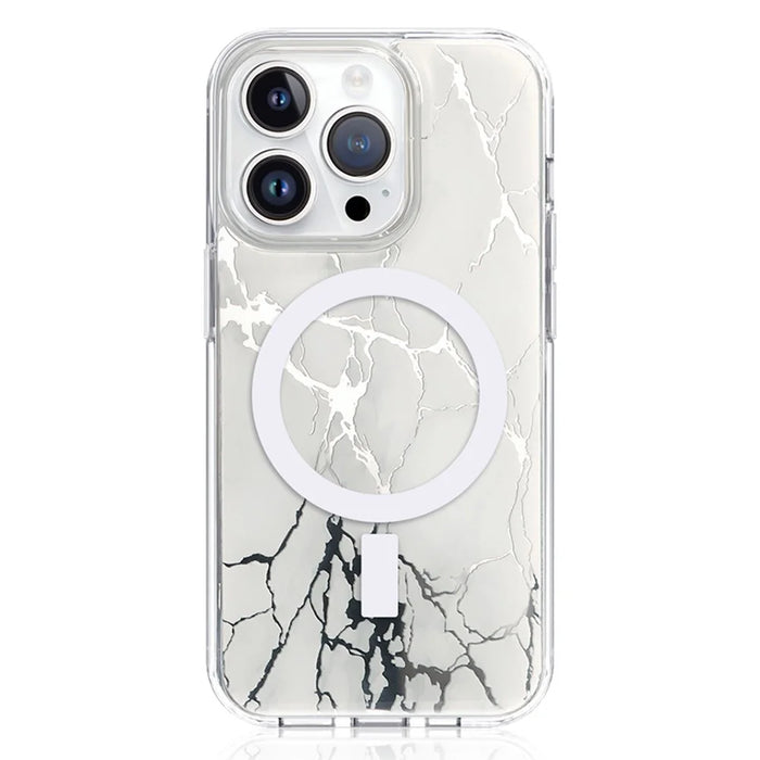 JAUCASE For iPhone 14 Pro Max Epoxy Crack Pattern Case Mirror Surface PC+TPU Phone Cover Compatible with MagSafe - White - 1