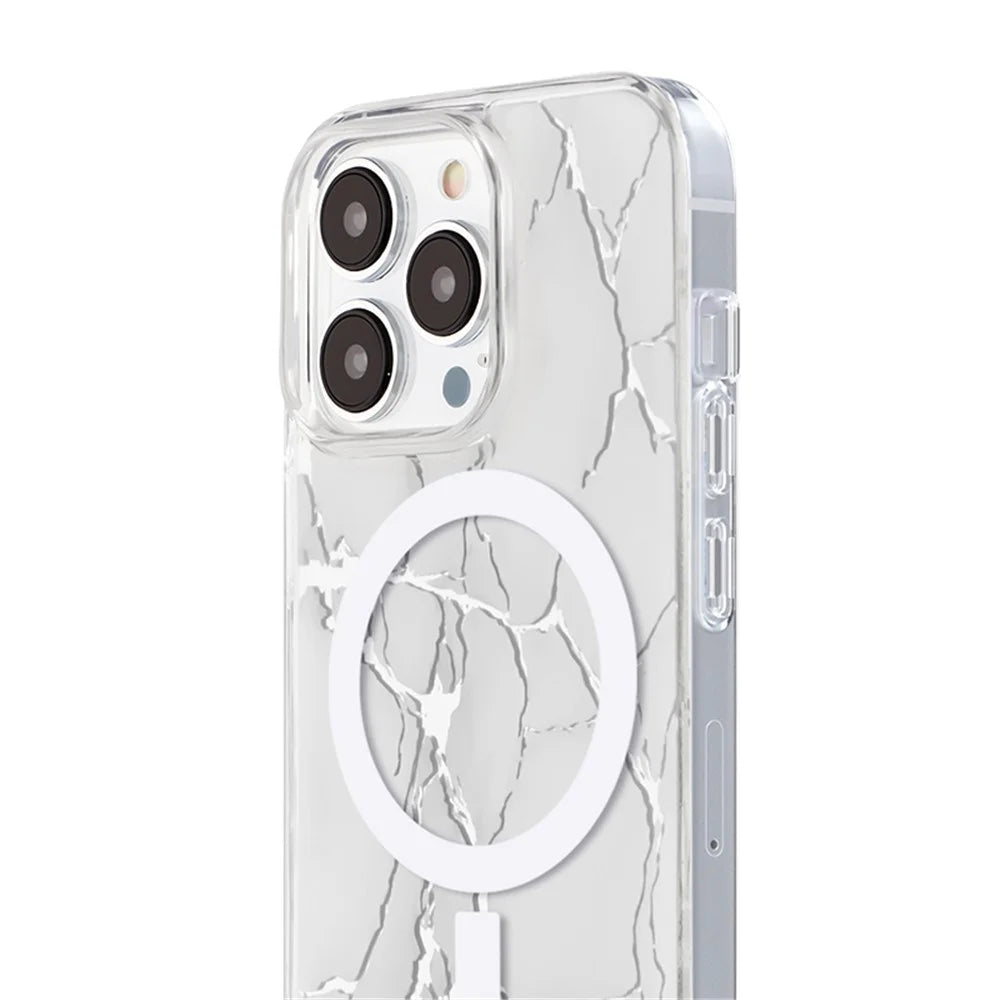 JAUCASE For iPhone 14 Pro Max Epoxy Crack Pattern Case Mirror Surface PC+TPU Phone Cover Compatible with MagSafe - White - 5