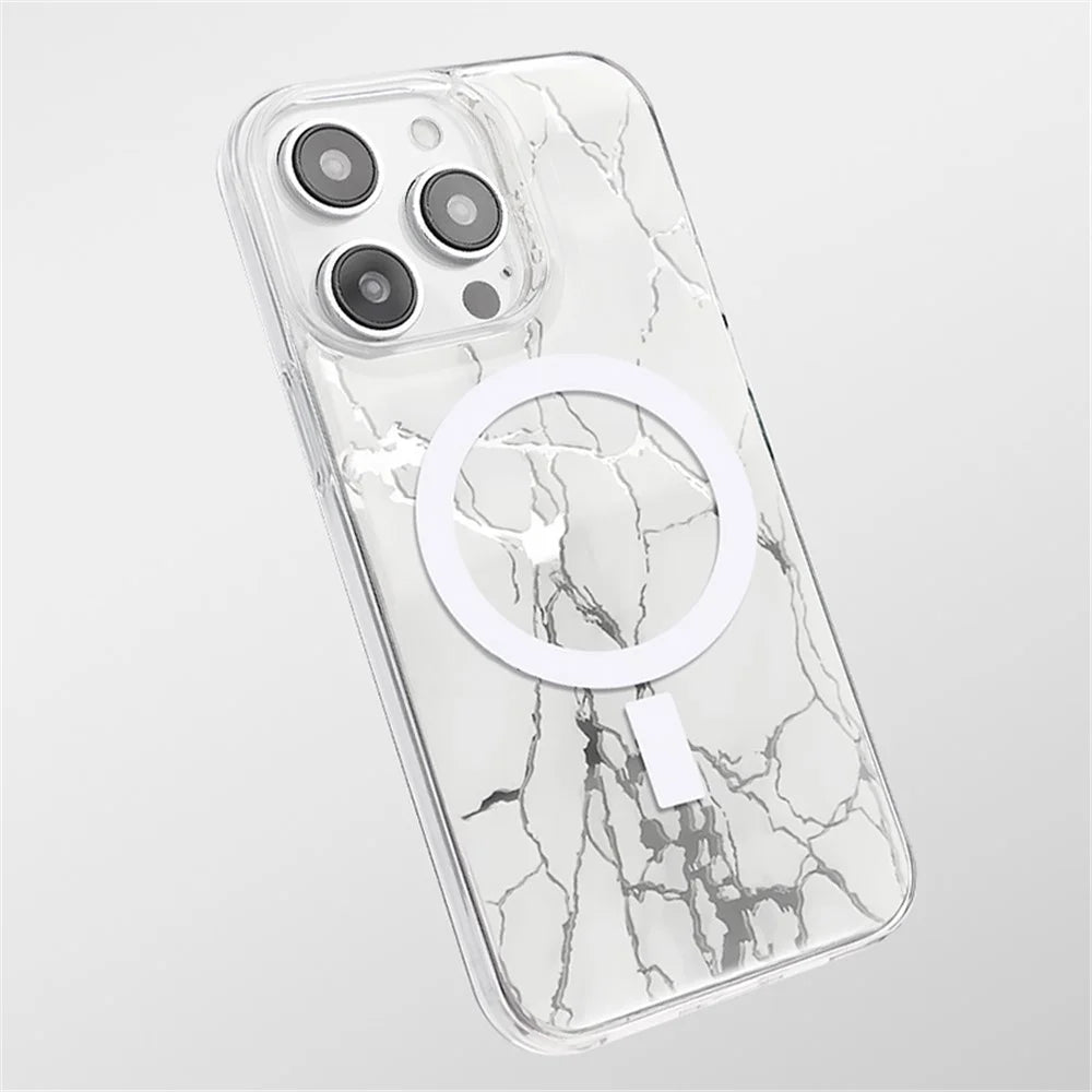 JAUCASE For iPhone 14 Pro Max Epoxy Crack Pattern Case Mirror Surface PC+TPU Phone Cover Compatible with MagSafe - White - 6