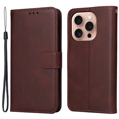 For iPhone 16 Pro Case Card Holder Leather Stand Wallet Phone Cover - Brown - 1