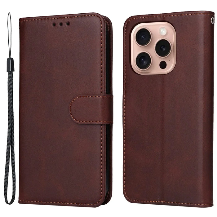 For iPhone 16 Pro Case Card Holder Leather Stand Wallet Phone Cover - Brown - 1