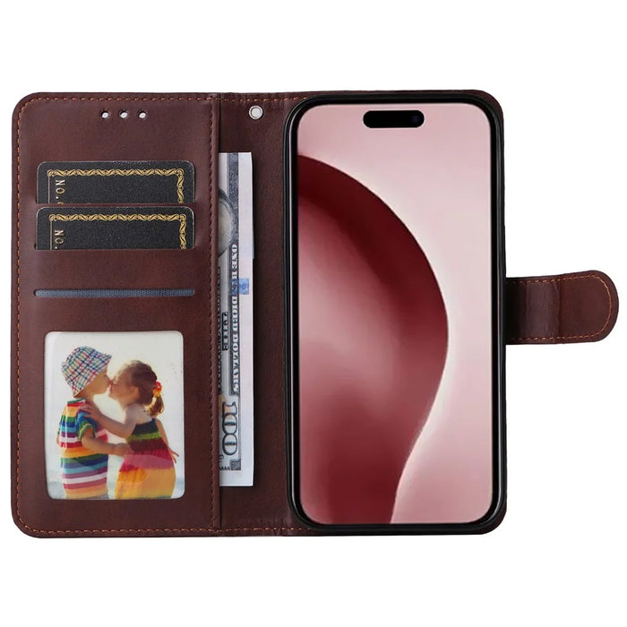 For iPhone 16 Pro Case Card Holder Leather Stand Wallet Phone Cover - Brown - 2