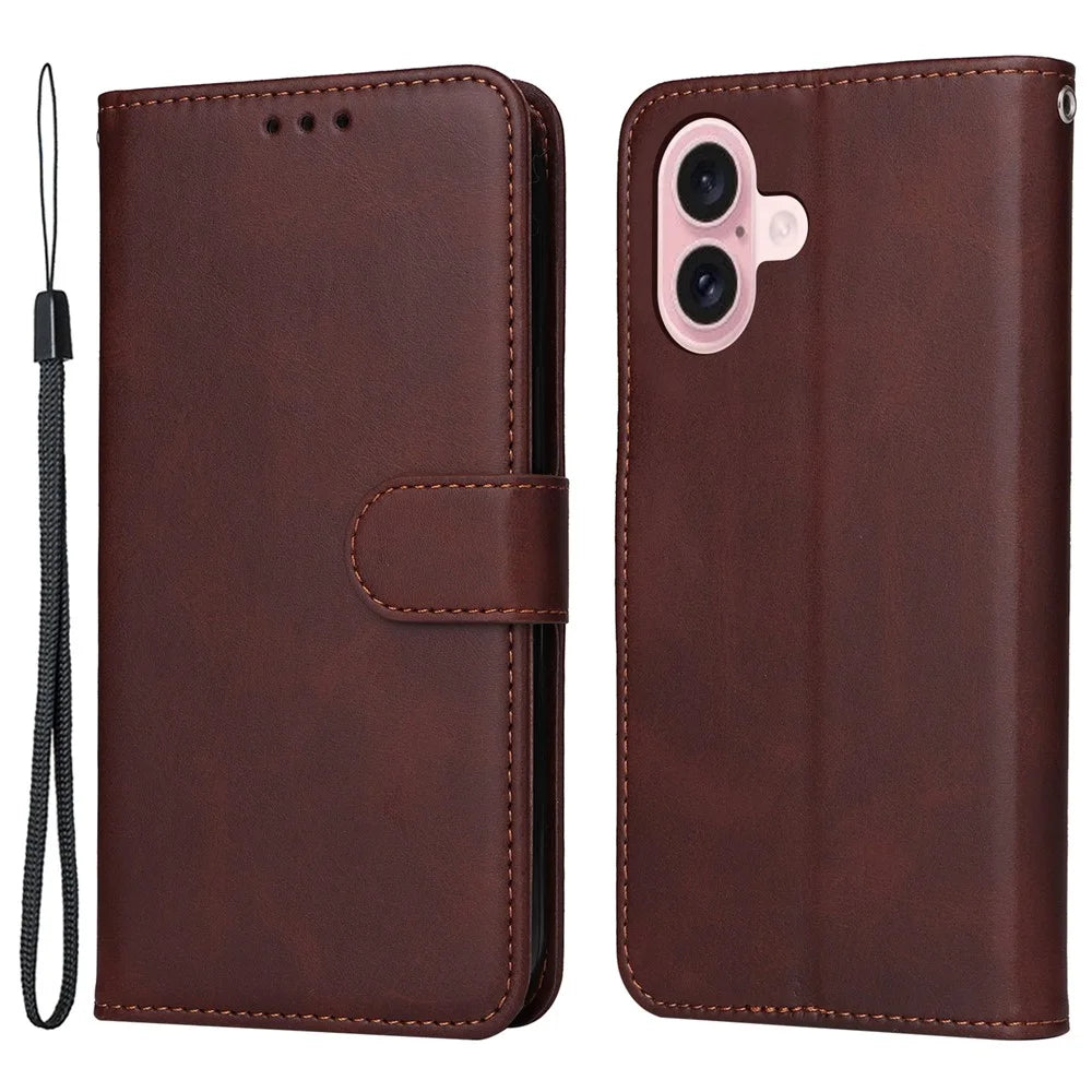 For iPhone 16 Case PU Leather Stand Phone Cover  with 3 Card Slots Wallet - Brown - 1