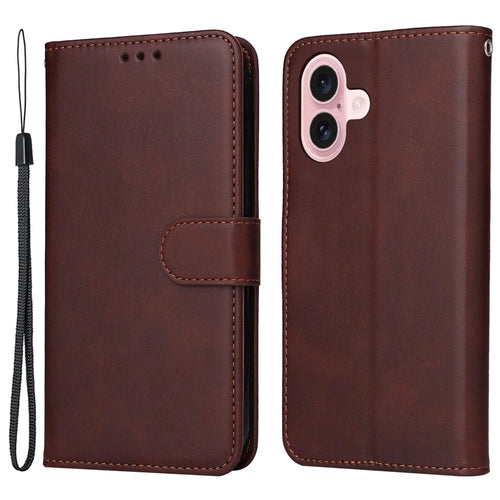 For iPhone 16 Case PU Leather Stand Phone Cover  with 3 Card Slots Wallet - Brown - 1