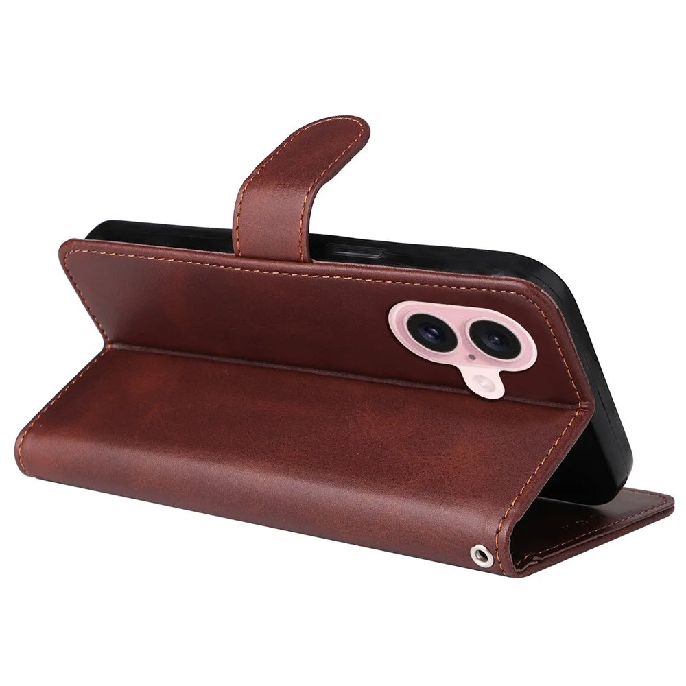 For iPhone 16 Case PU Leather Stand Phone Cover  with 3 Card Slots Wallet - Brown - 4