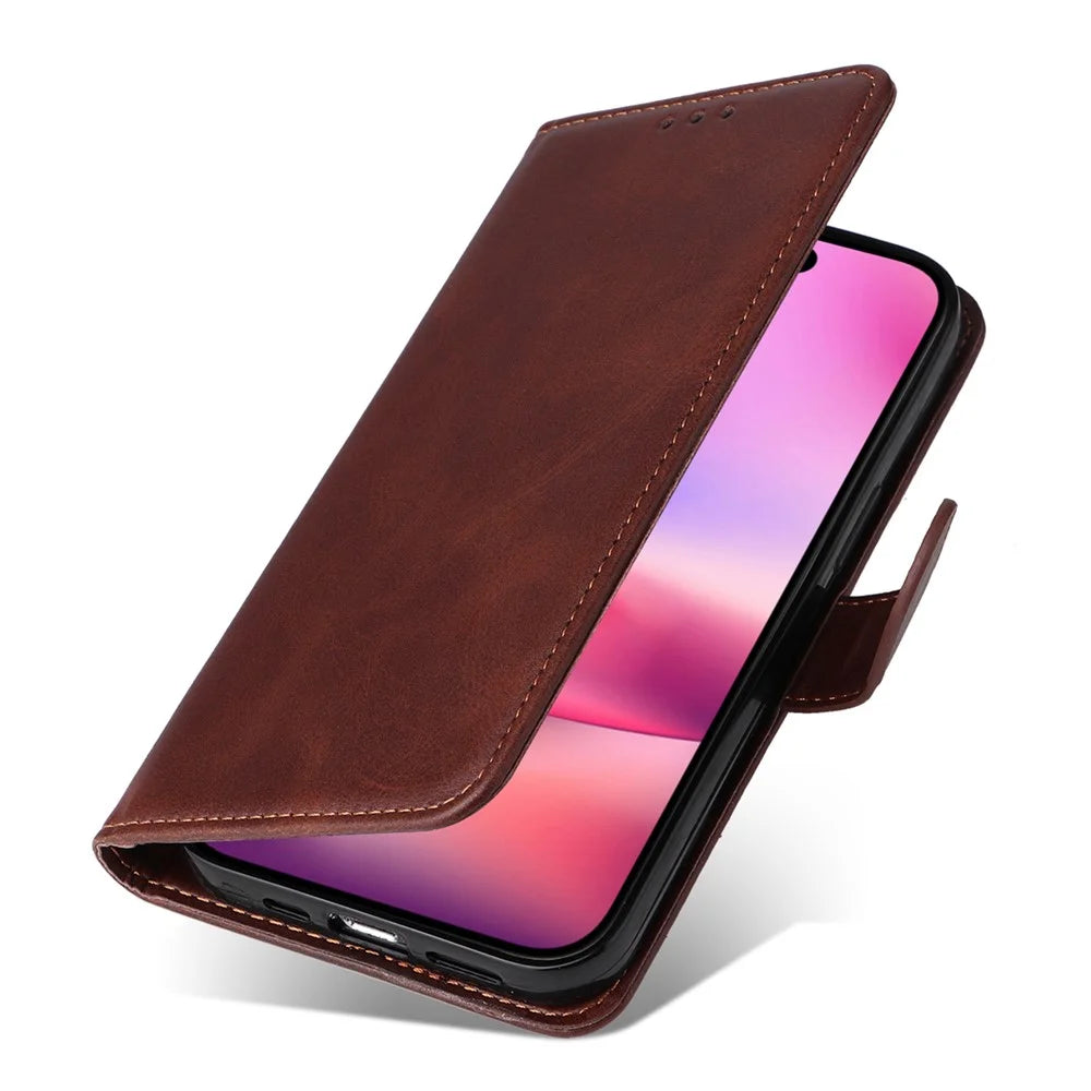 For iPhone 16 Case PU Leather Stand Phone Cover  with 3 Card Slots Wallet - Brown - 5