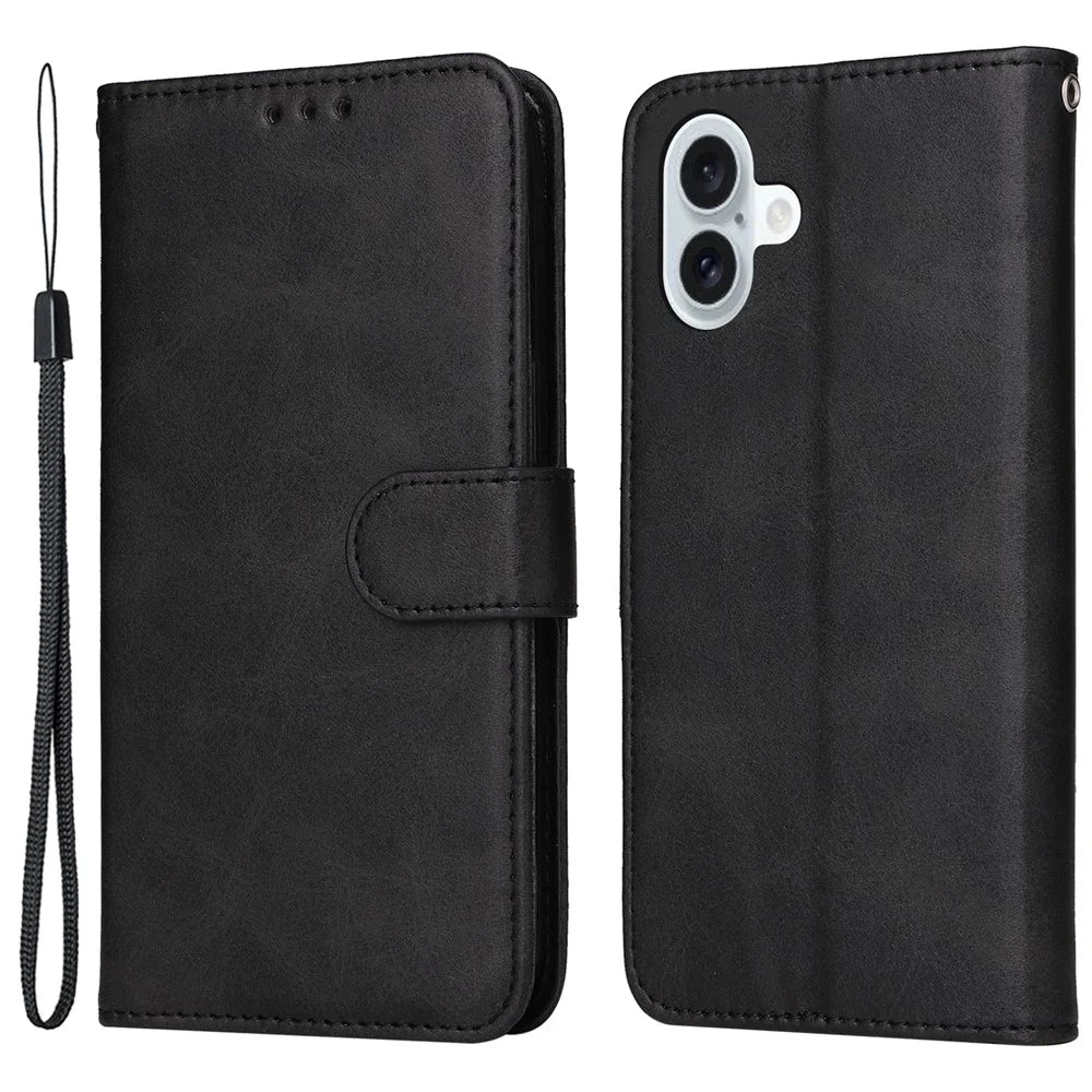 For iPhone 16 Plus Leather Wallet Case Calf Texture Magnetic Clasp Cell Phone Cover - Black - 1