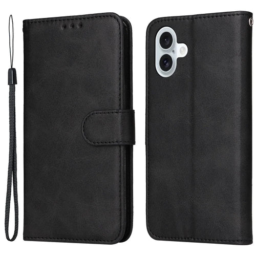 For iPhone 16 Plus Leather Wallet Case Calf Texture Magnetic Clasp Cell Phone Cover - Black - 1