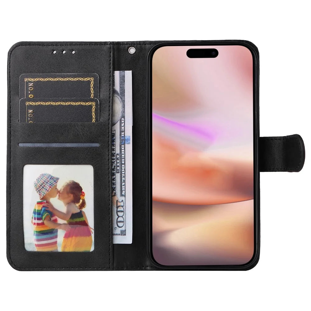 For iPhone 16 Plus Leather Wallet Case Calf Texture Magnetic Clasp Cell Phone Cover - Black - 2