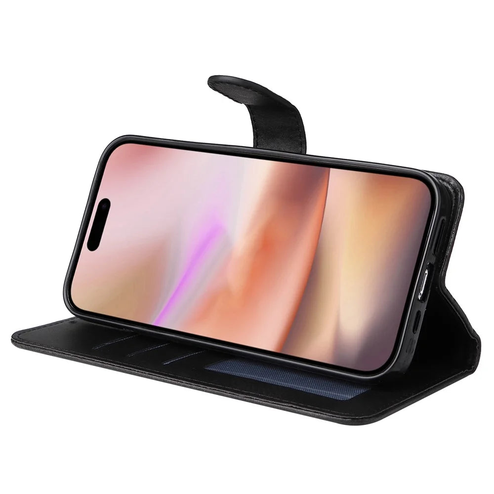 For iPhone 16 Plus Leather Wallet Case Calf Texture Magnetic Clasp Cell Phone Cover - Black - 3