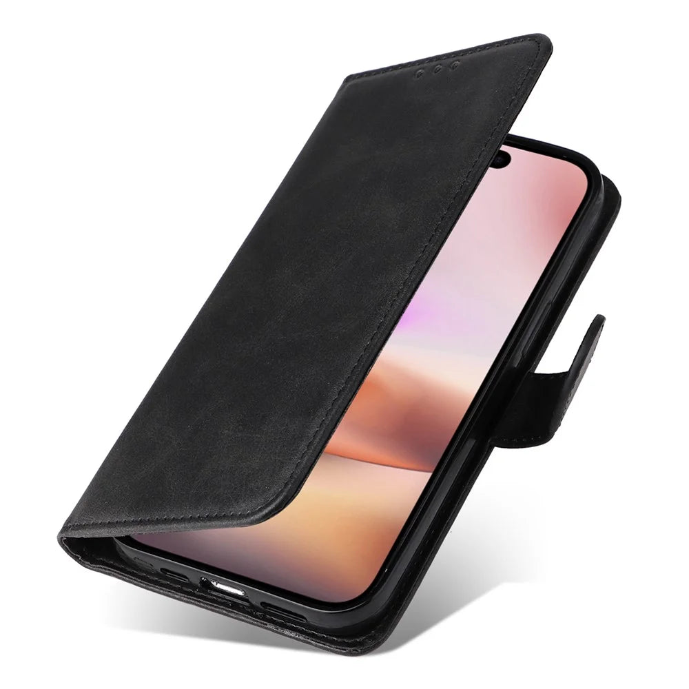 For iPhone 16 Plus Leather Wallet Case Calf Texture Magnetic Clasp Cell Phone Cover - Black - 5