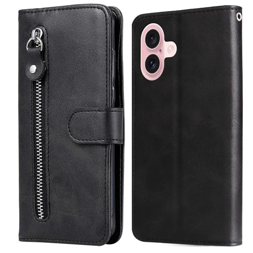 For iPhone 16 Case Zipper Pocket Wallet Shockproof PU Leather Phone Cover - Black - 1