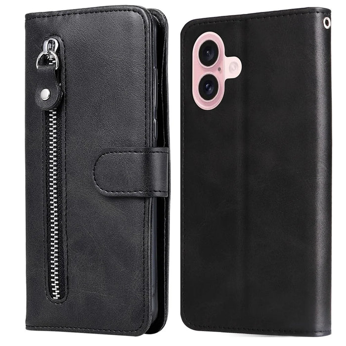 For iPhone 16 Case Zipper Pocket Wallet Shockproof PU Leather Phone Cover - Black - 1