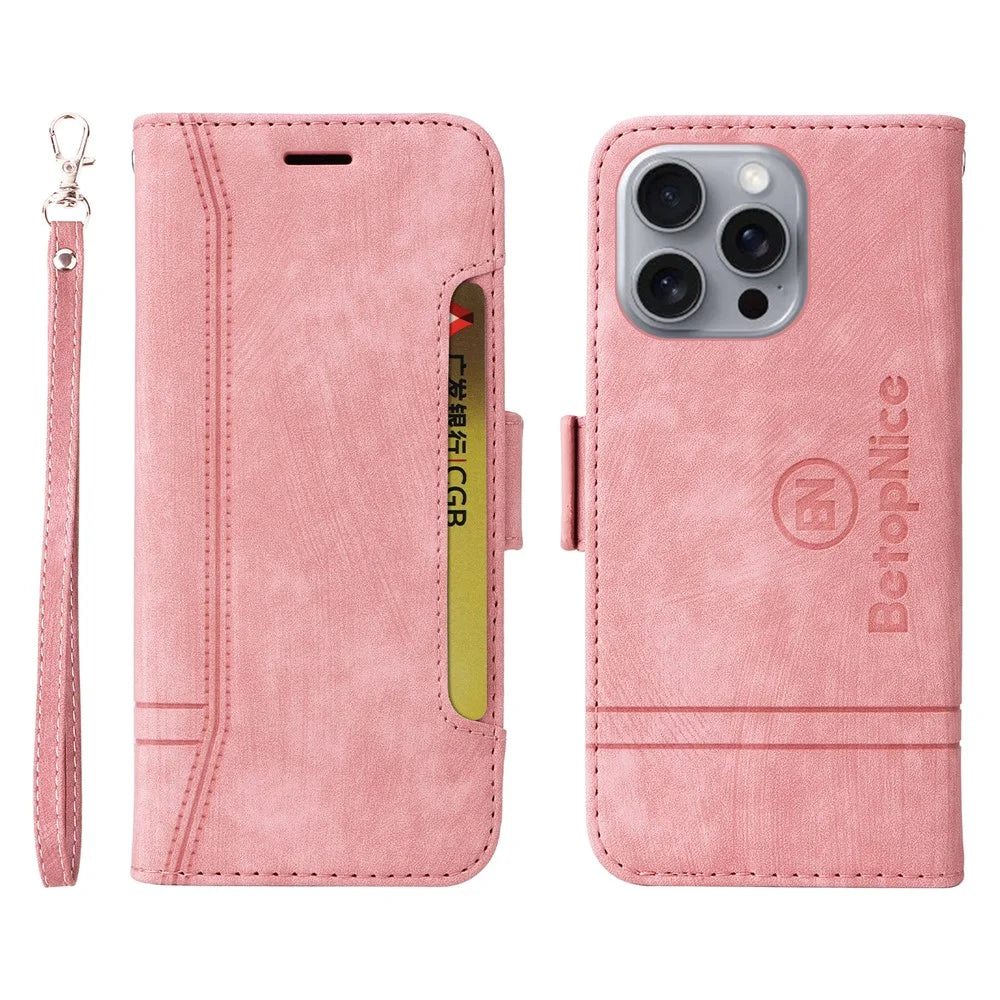 BETOPNICE 001 for iPhone 16 Pro Max Case Wallet Leather Phone Cover with Strap - Pink - 1