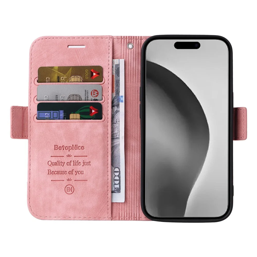 BETOPNICE 001 for iPhone 16 Pro Max Case Wallet Leather Phone Cover with Strap - Pink - 2