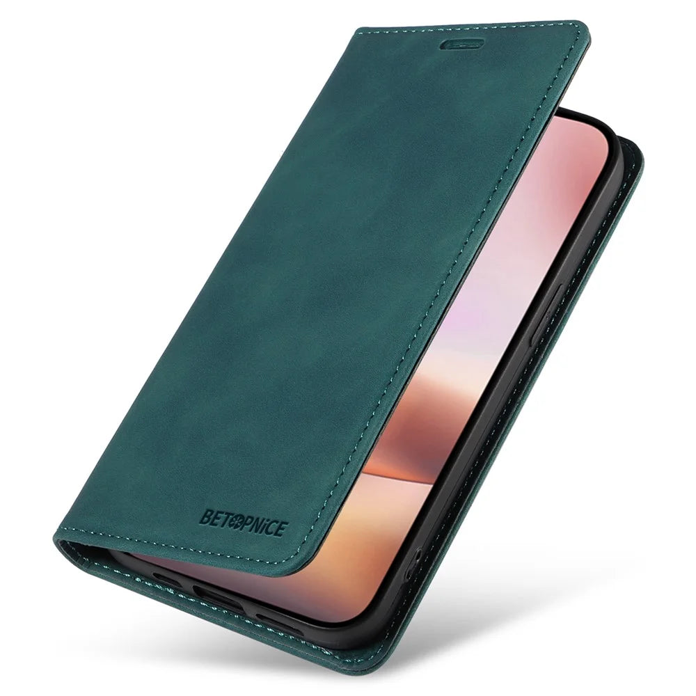 BETOPNICE 003 For iPhone 16 Plus Case RFID Blocking PU Leather Phone Cover - Green - 6