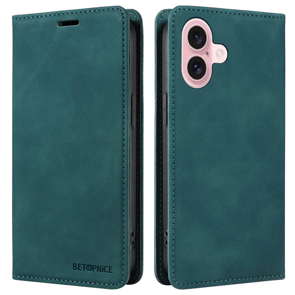 BETOPNICE 003 For iPhone 16 Leather Case Wallet Stand Protective Phone Cover - Green - 1