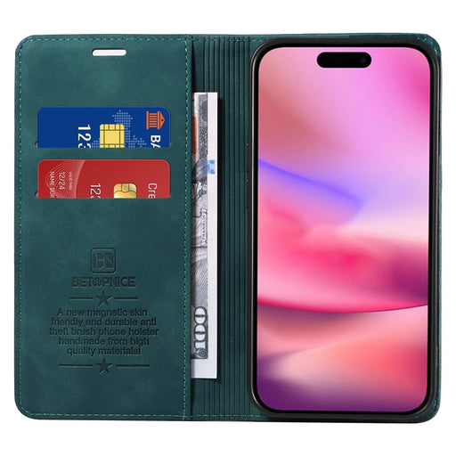 BETOPNICE 003 For iPhone 16 Leather Case Wallet Stand Protective Phone Cover - Green - 2