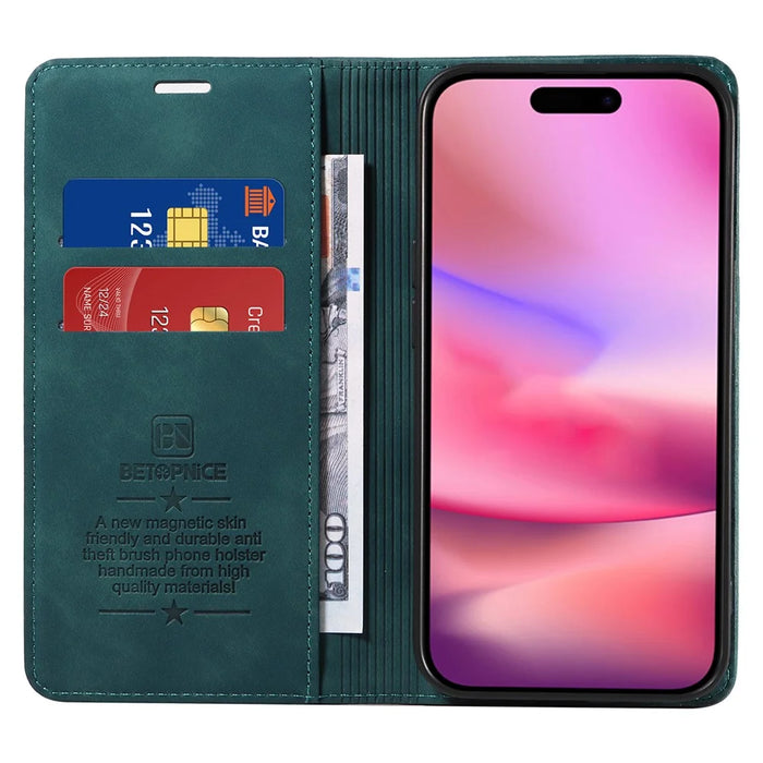 BETOPNICE 003 For iPhone 16 Leather Case Wallet Stand Protective Phone Cover - Green - 2