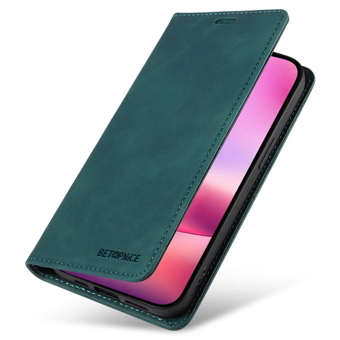 BETOPNICE 003 For iPhone 16 Leather Case Wallet Stand Protective Phone Cover - Green - 6