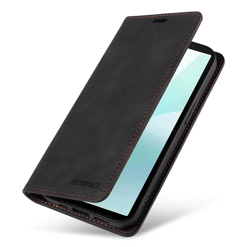 BETOPNICE 003 For Sony Xperia 10 VI Case Leather Phone Cover Strong Magnetic Closure - Black - 6