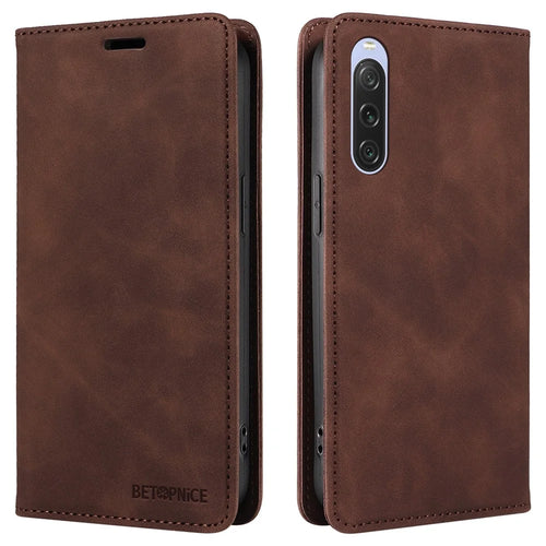 BETOPNICE 003 For Sony Xperia 10 V Case Leather Flip Phone Cover Viewing Stand, Magnetic Close - Brown - 1