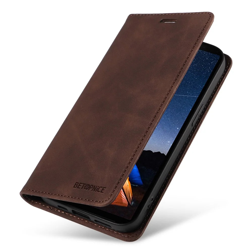 BETOPNICE 003 For Sony Xperia 10 V Case Leather Flip Phone Cover Viewing Stand, Magnetic Close - Brown - 6