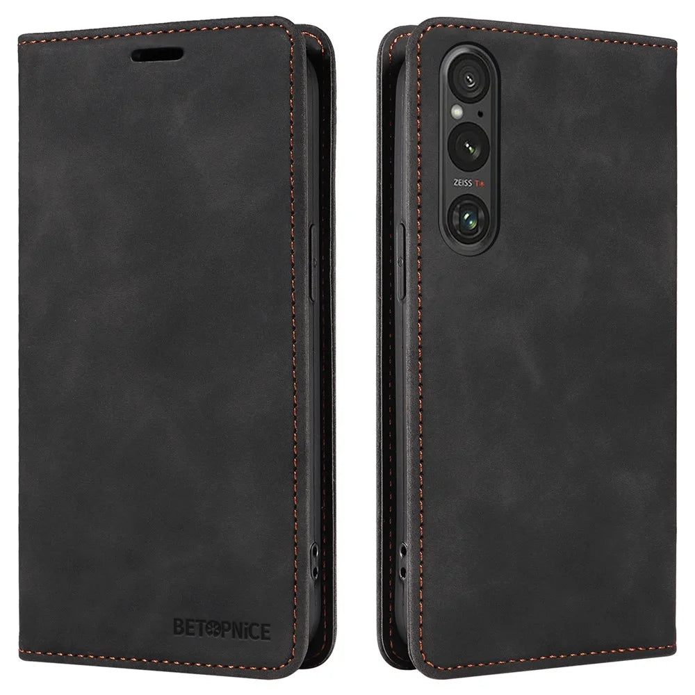 BETOPNICE 003 For Sony Xperia 1 V Case Magnetic Auto-Absorbed Leather Phone Cover - Black - 1