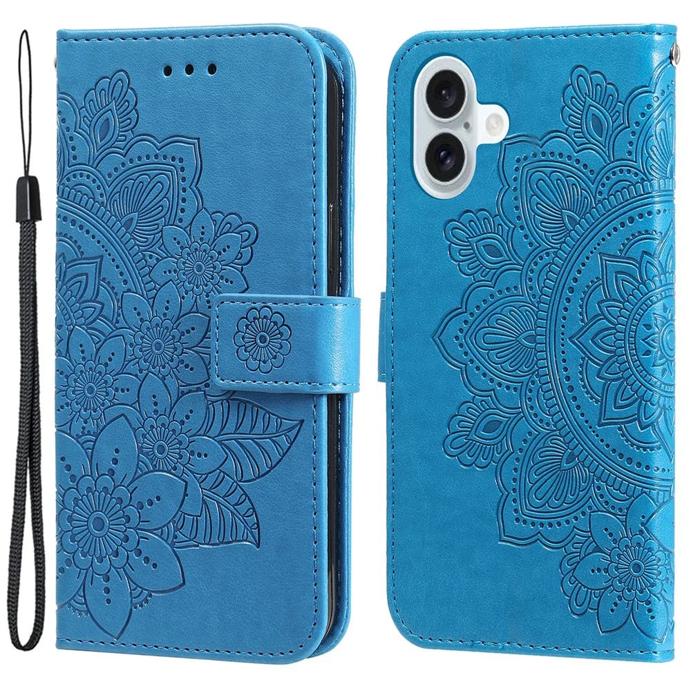 For iPhone 16 Case Floral Pattern PU Leather Wallet Stand Phone Cover - Blue - 1